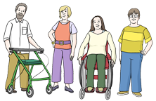 Vier Menschen mit unterschiedlichen Behinderungen
